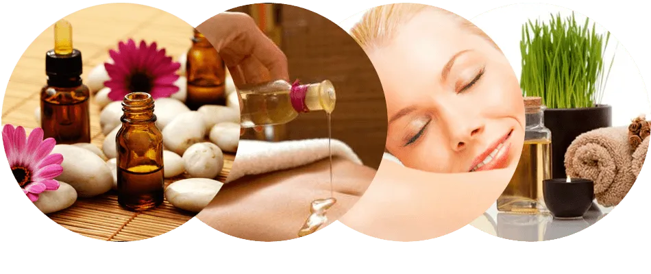 Biologische Massageöle, Massageanwendung und Wellness-Atmosphäre
